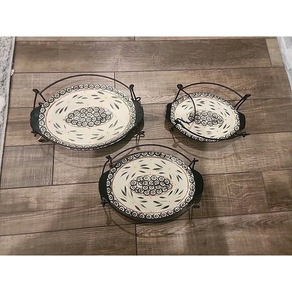3 Temp-tations Old World Blue Ovenware Oval Platters w/ Wire Stand With Handles - Picture 1 of 12